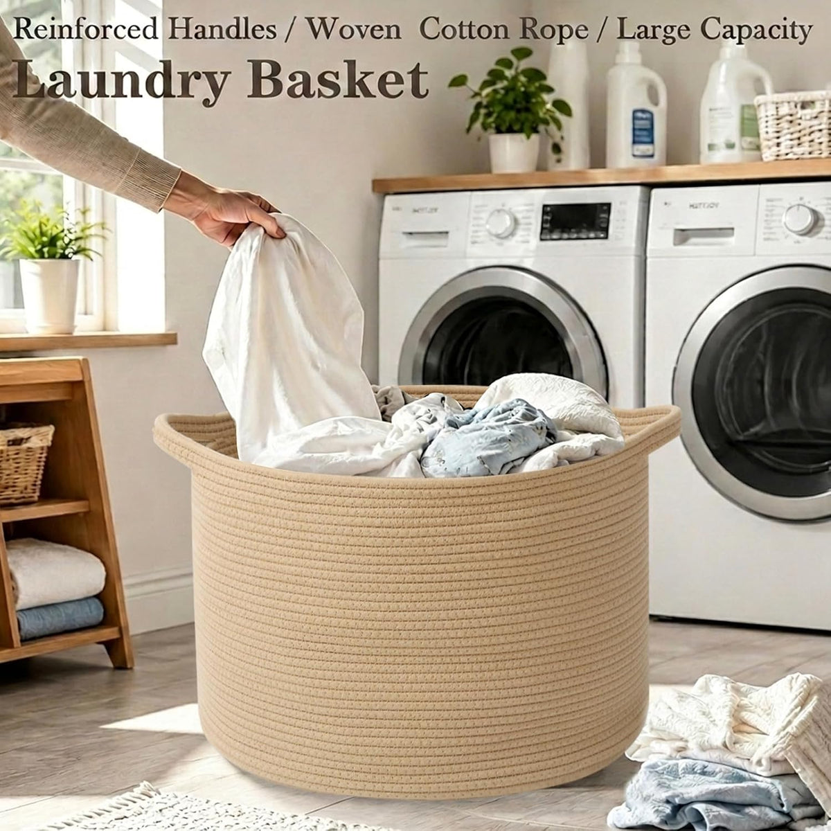 90L Large Blanket Basket,Rope Woven Laundry Basket-Yellow