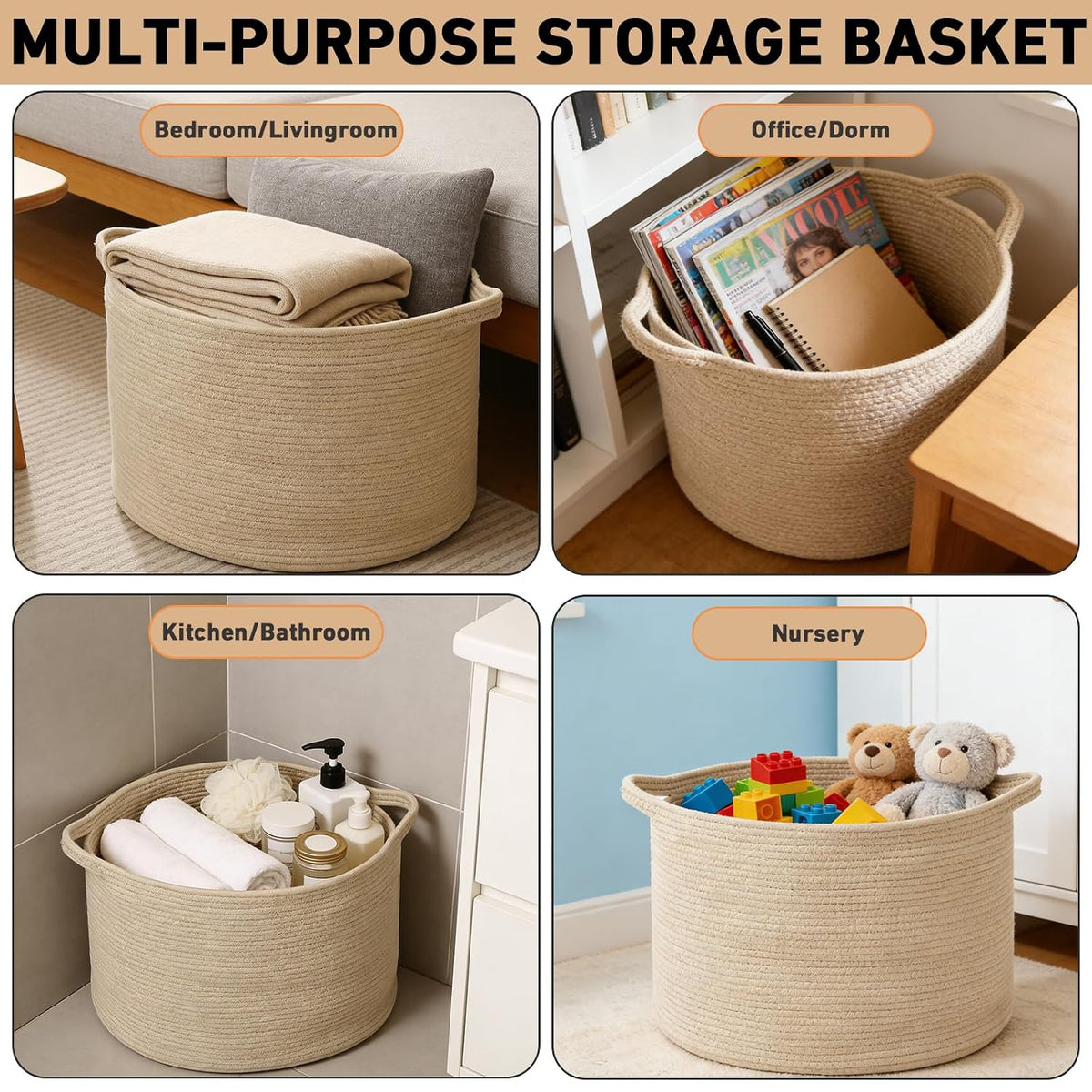 90L Large Blanket Basket,Rope Woven Laundry Basket-Yellow