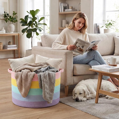 90L Large Blanket Basket,Rope Woven Laundry Basket-Yellow