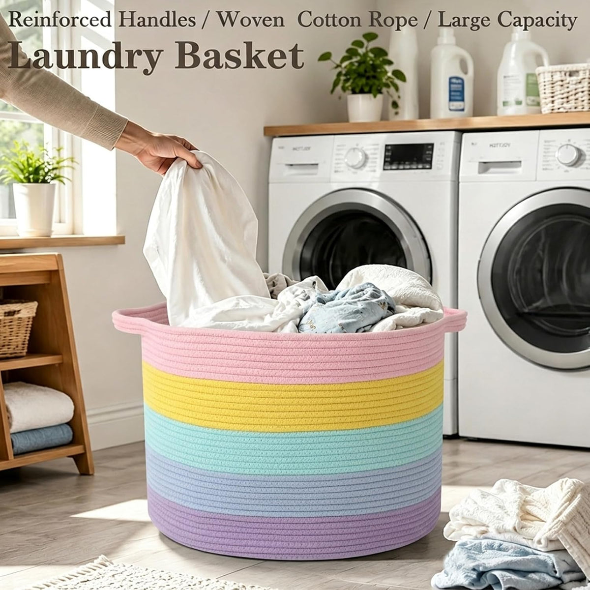 90L Large Blanket Basket,Rope Woven Laundry Basket-Yellow