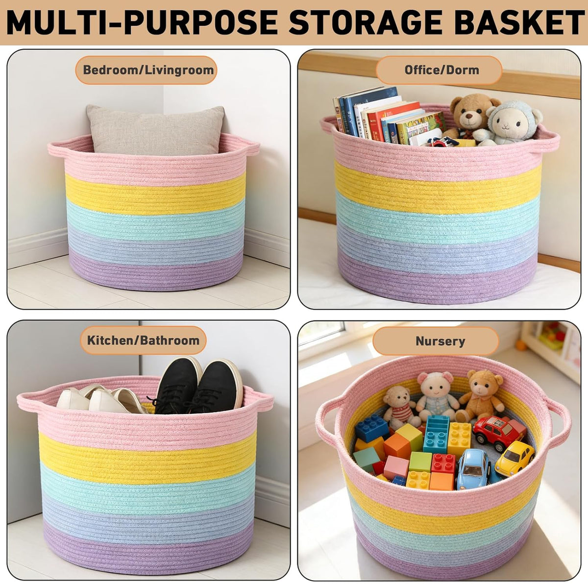 90L Large Blanket Basket,Rope Woven Laundry Basket-Yellow