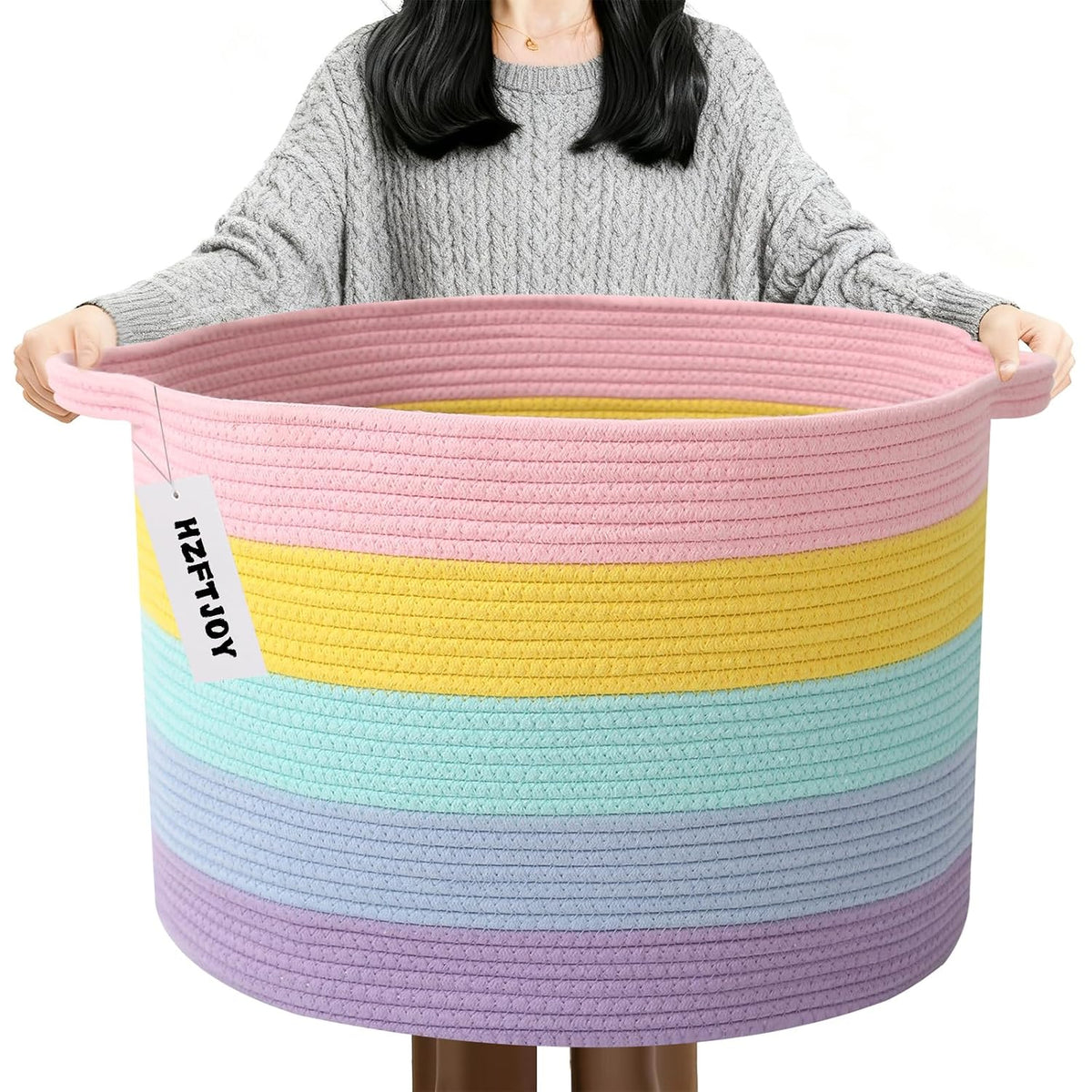 90L Large Blanket Basket,Rope Woven Laundry Basket-Yellow