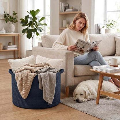 90L Large Blanket Basket,Rope Woven Laundry Basket-Yellow