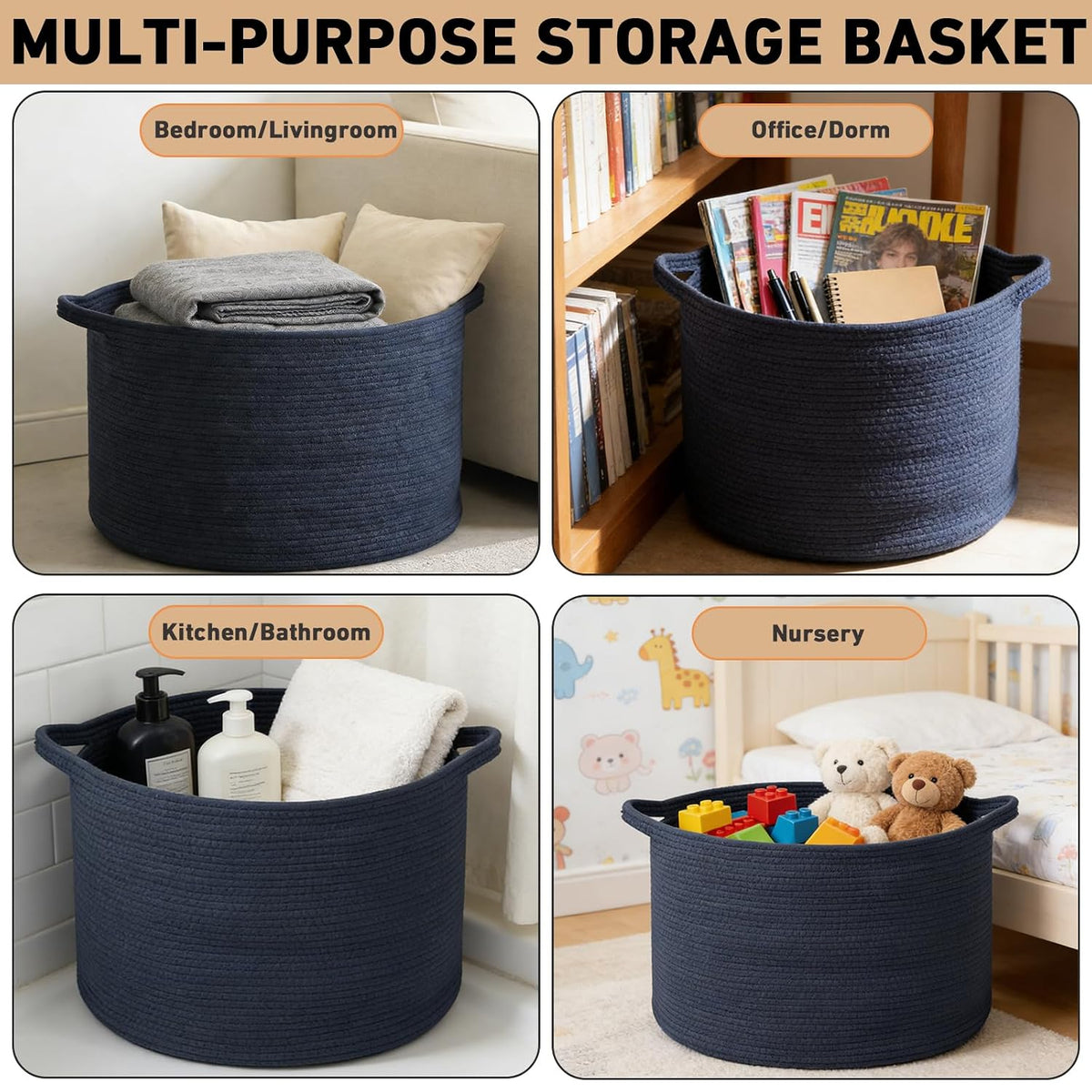 90L Large Blanket Basket,Rope Woven Laundry Basket-Yellow