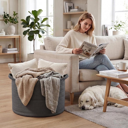 90L Large Blanket Basket,Rope Woven Laundry Basket-Yellow