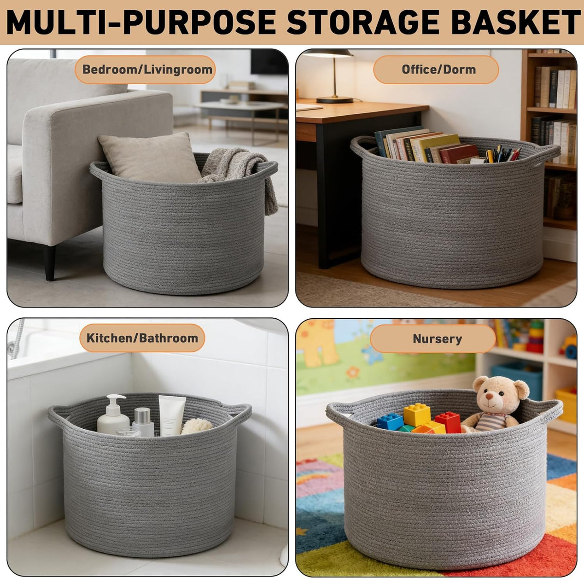 90L Large Blanket Basket,Rope Woven Laundry Basket-Yellow