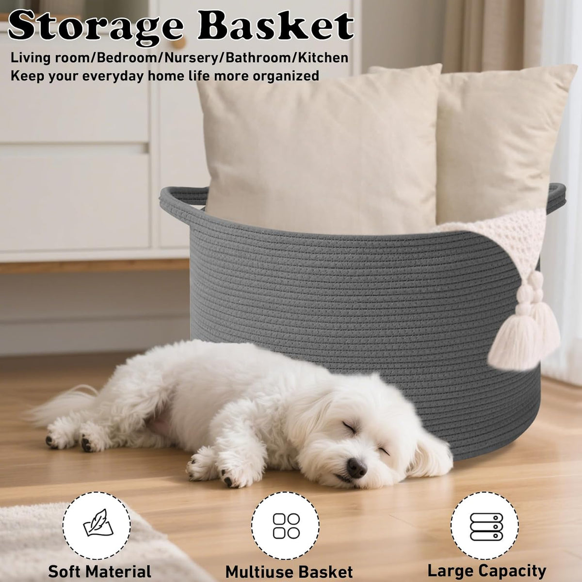 90L Large Blanket Basket,Rope Woven Laundry Basket-Yellow