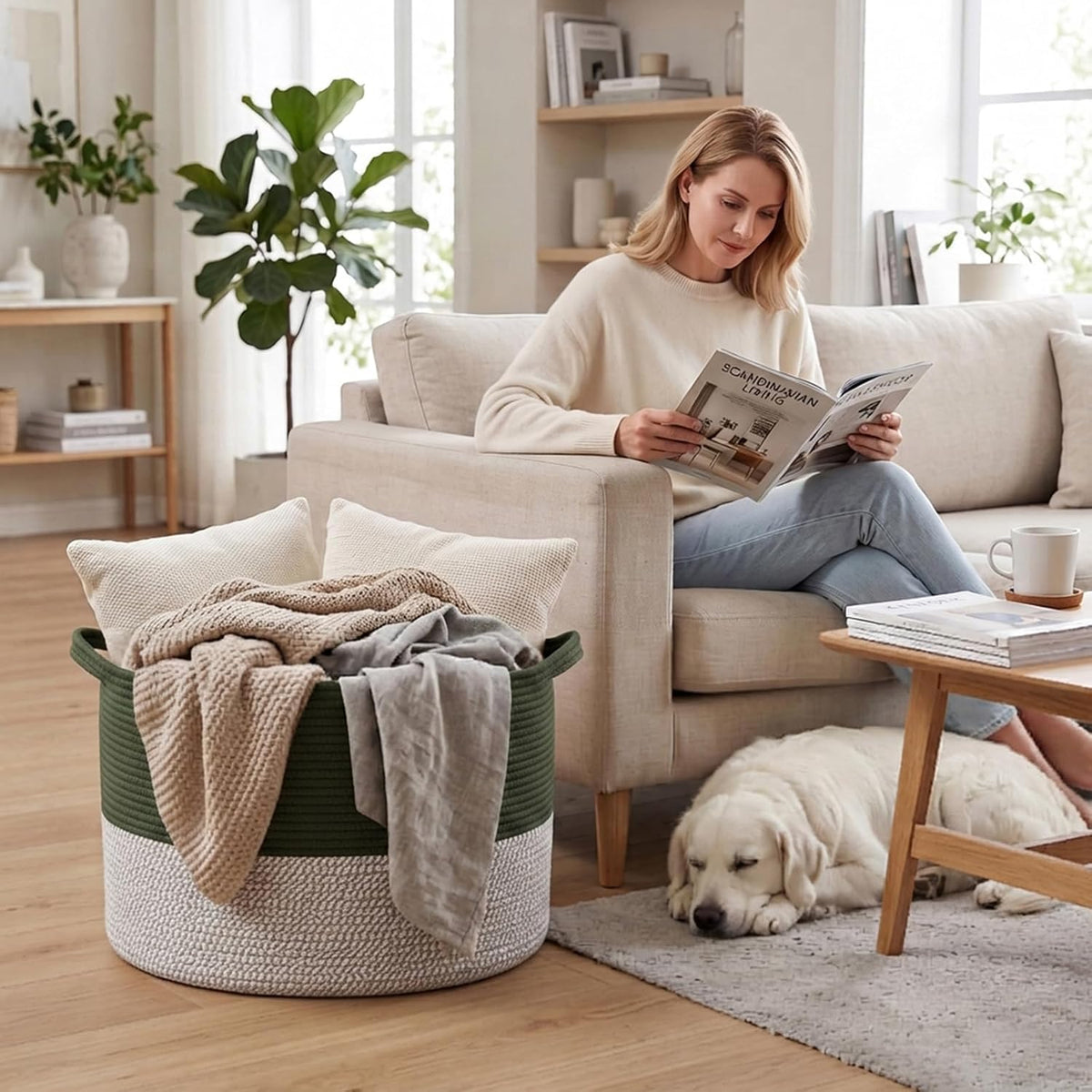 90L Large Blanket Basket,Rope Woven Laundry Basket-Yellow