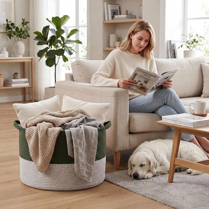 90L Large Blanket Basket,Rope Woven Laundry Basket-Yellow