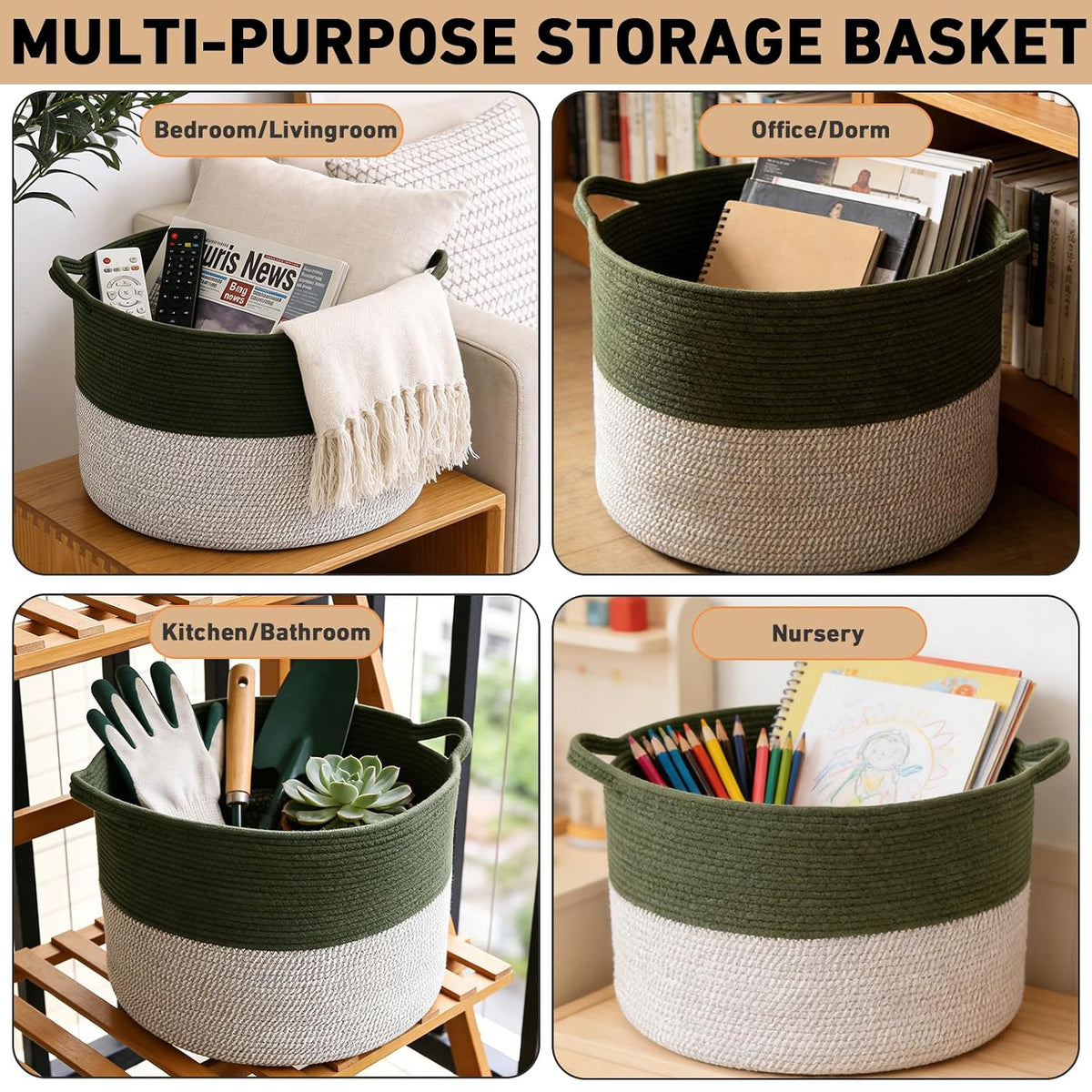 90L Large Blanket Basket,Rope Woven Laundry Basket-Yellow