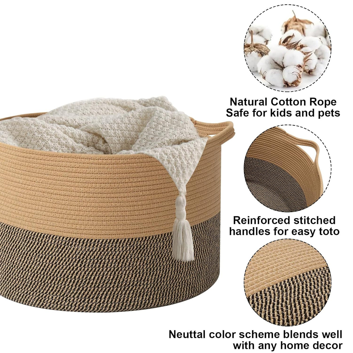 90L Large Blanket Basket,Rope Woven Laundry Basket-Yellow