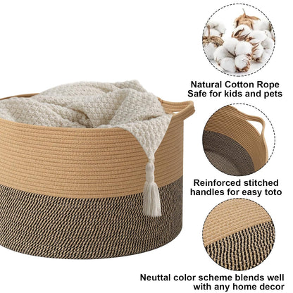 90L Large Blanket Basket,Rope Woven Laundry Basket-Yellow