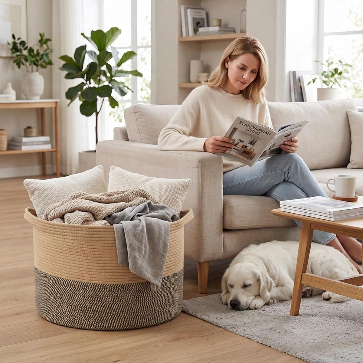 90L Large Blanket Basket,Rope Woven Laundry Basket-Yellow