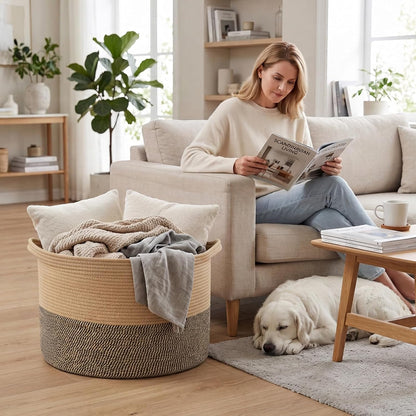 90L Large Blanket Basket,Rope Woven Laundry Basket-Yellow