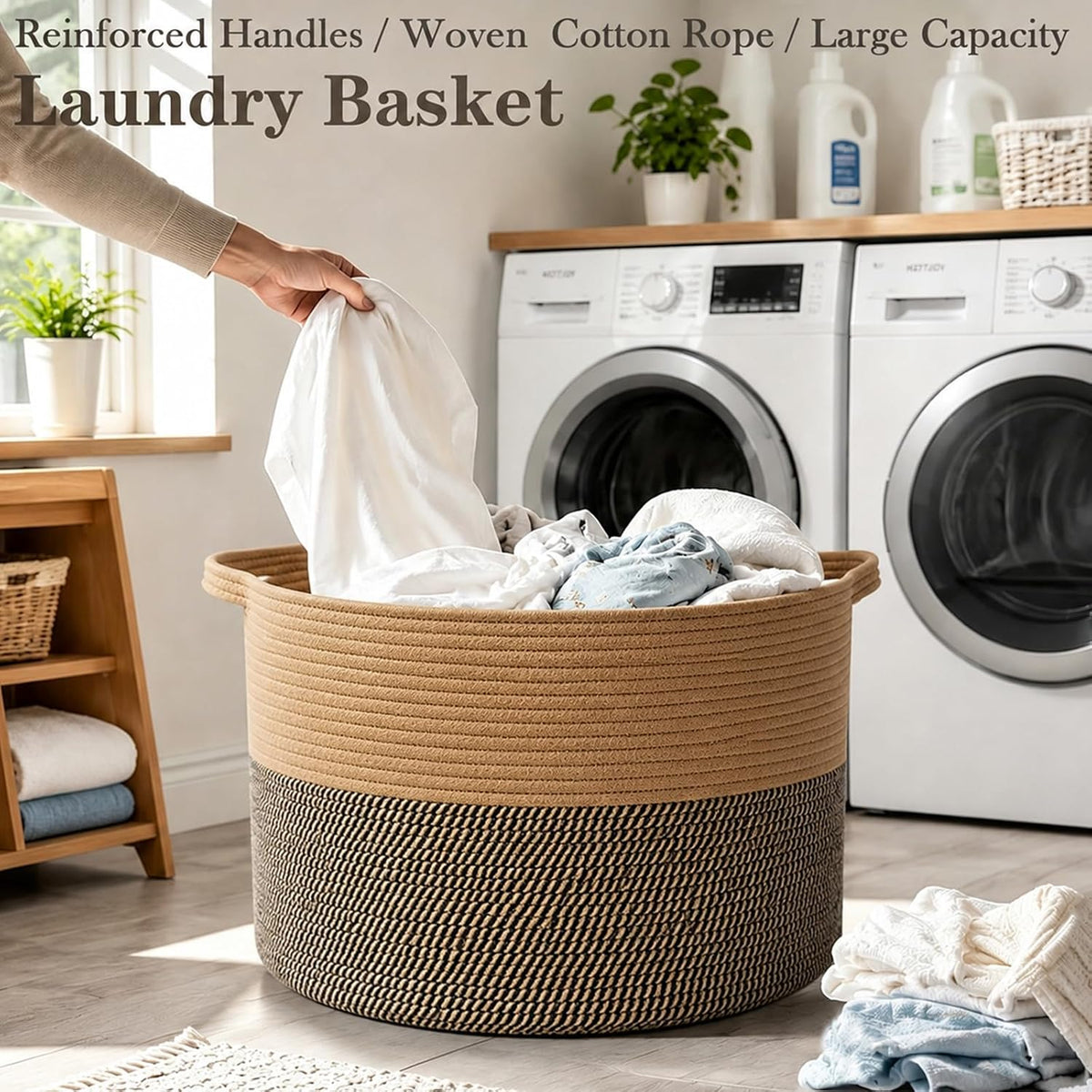 90L Large Blanket Basket,Rope Woven Laundry Basket-Yellow
