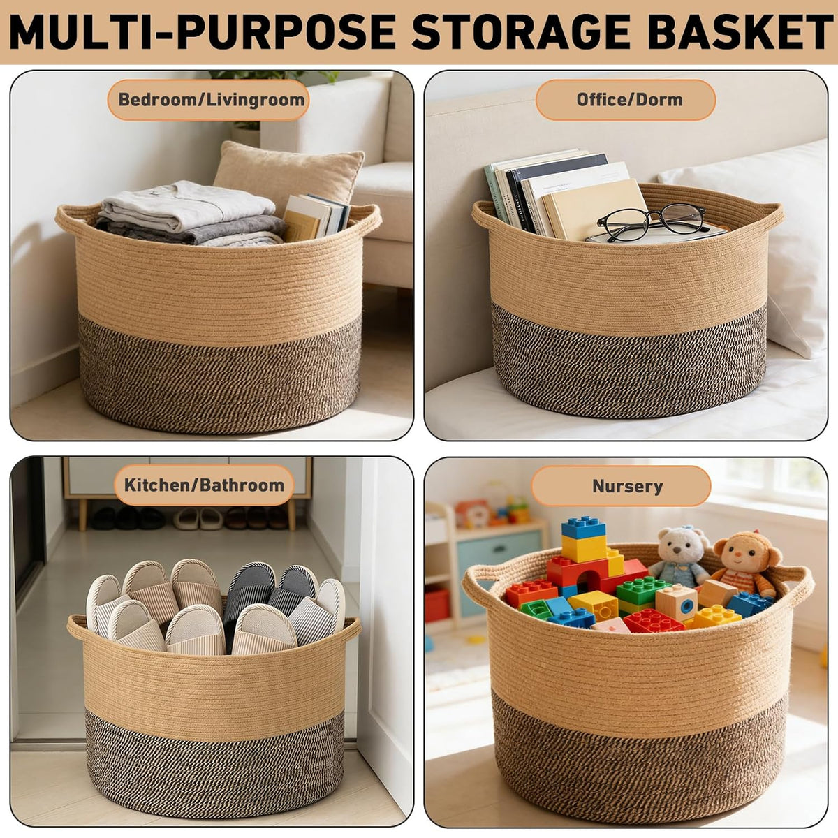 90L Large Blanket Basket,Rope Woven Laundry Basket-Yellow