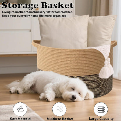 90L Large Blanket Basket,Rope Woven Laundry Basket-Yellow