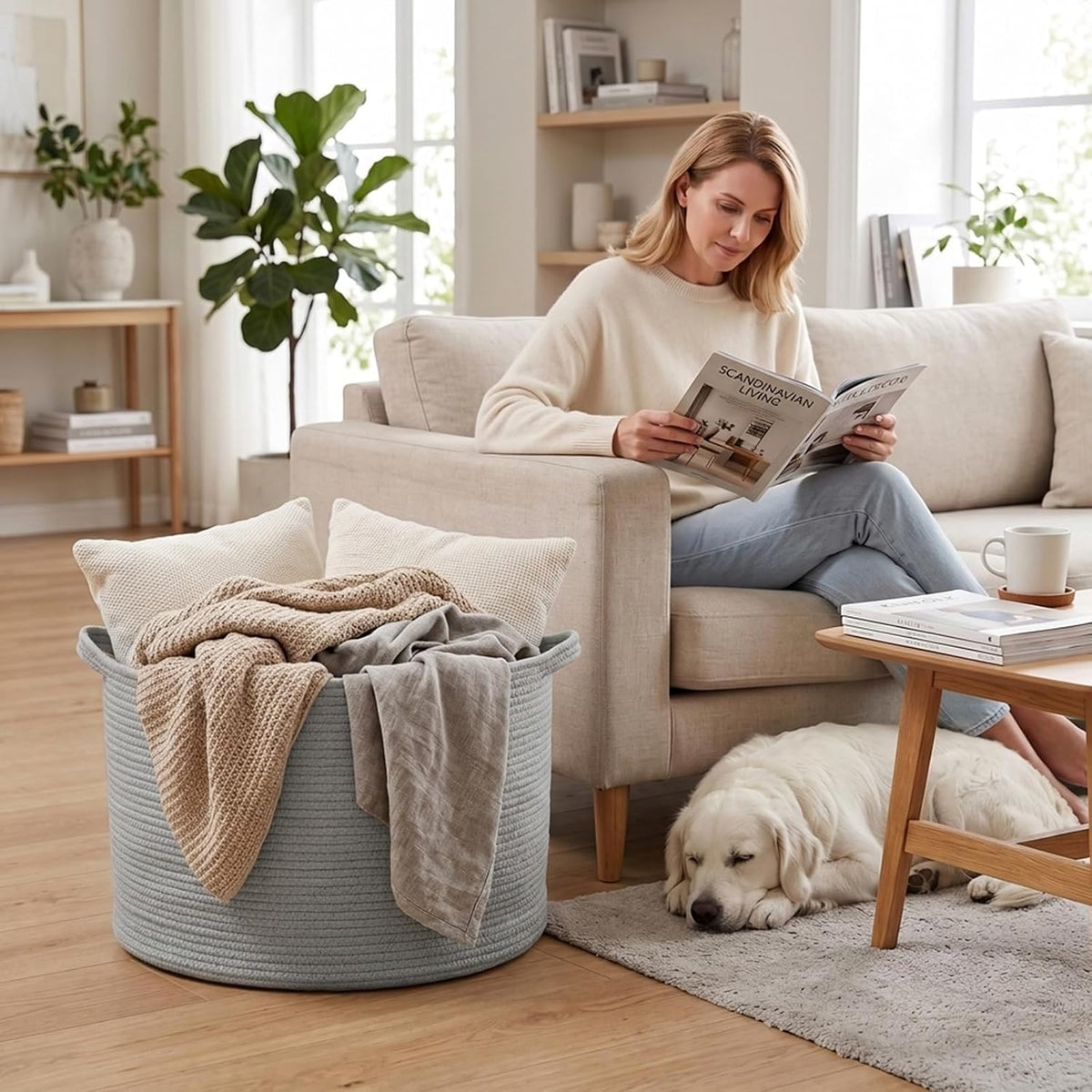 90L Large Blanket Basket,Rope Woven Laundry Basket-Yellow