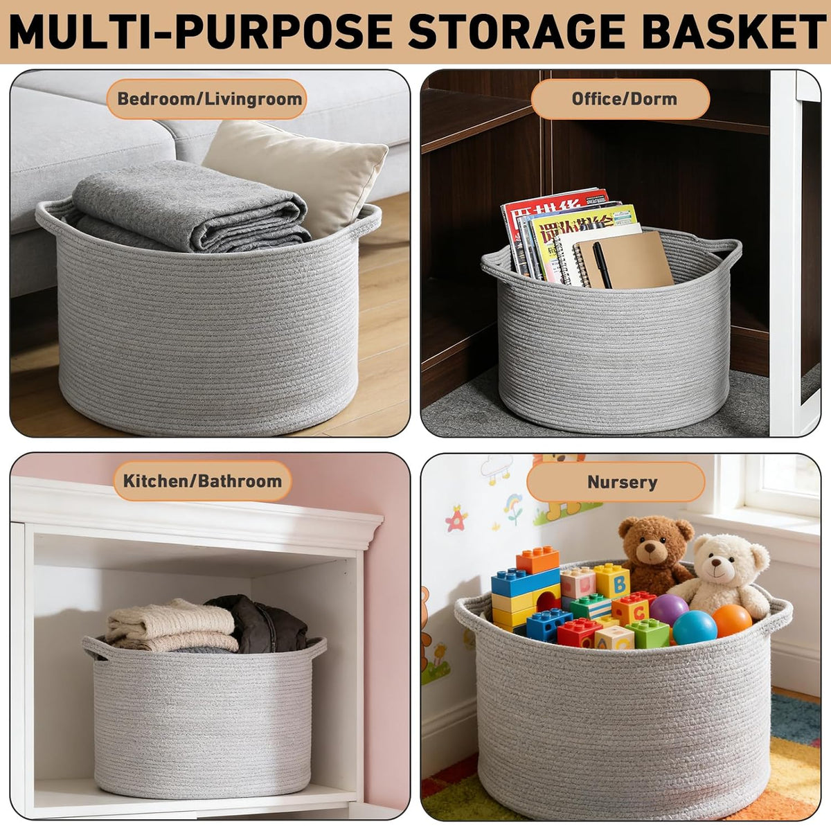 90L Large Blanket Basket,Rope Woven Laundry Basket-Yellow