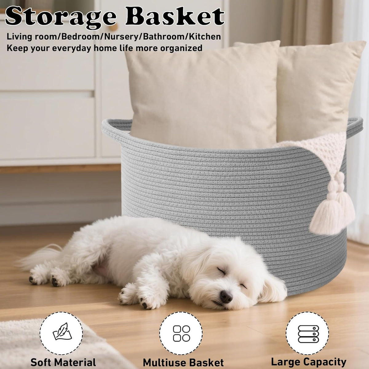 90L Large Blanket Basket,Rope Woven Laundry Basket-Yellow