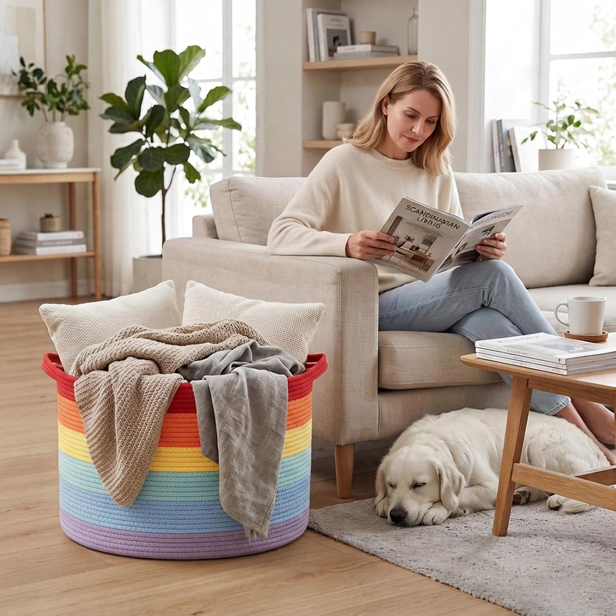 90L Large Blanket Basket,Rope Woven Laundry Basket-Yellow