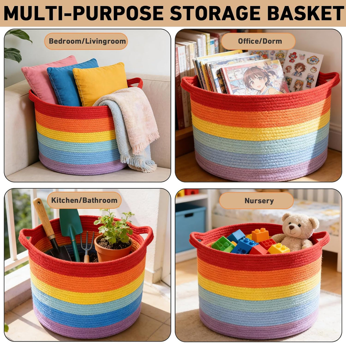 90L Large Blanket Basket,Rope Woven Laundry Basket-Yellow