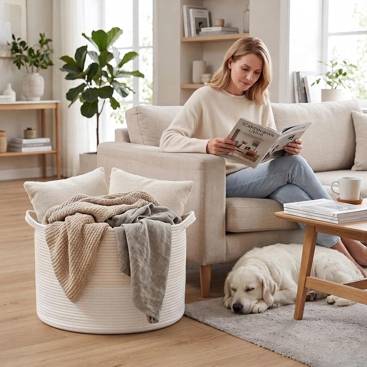 90L Large Blanket Basket,Rope Woven Laundry Basket-Yellow