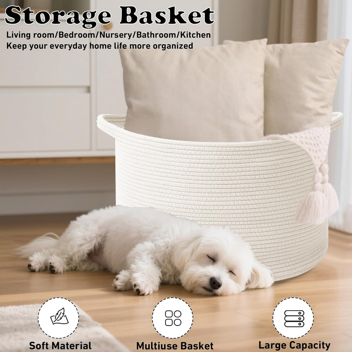 90L Large Blanket Basket,Rope Woven Laundry Basket-Yellow