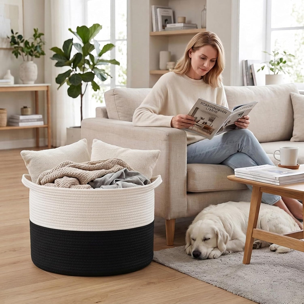 90L Large Blanket Basket,Rope Woven Laundry Basket-Yellow