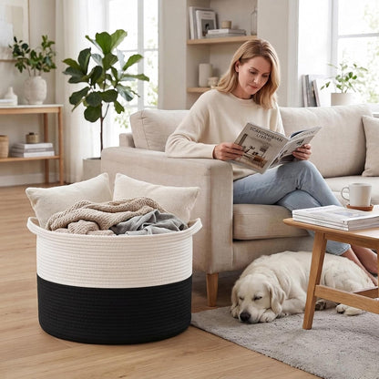 90L Large Blanket Basket,Rope Woven Laundry Basket-Yellow