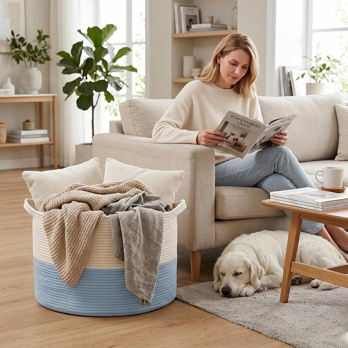 90L Large Blanket Basket,Rope Woven Laundry Basket-Yellow