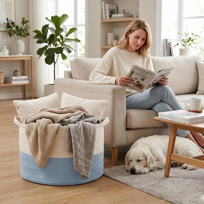 90L Large Blanket Basket,Rope Woven Laundry Basket-Yellow