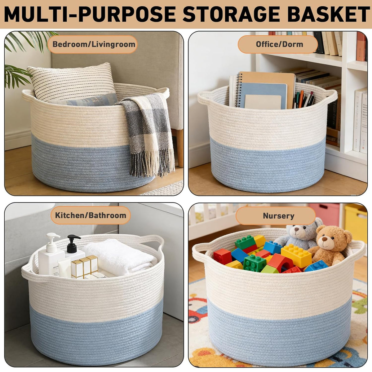90L Large Blanket Basket,Rope Woven Laundry Basket-Yellow