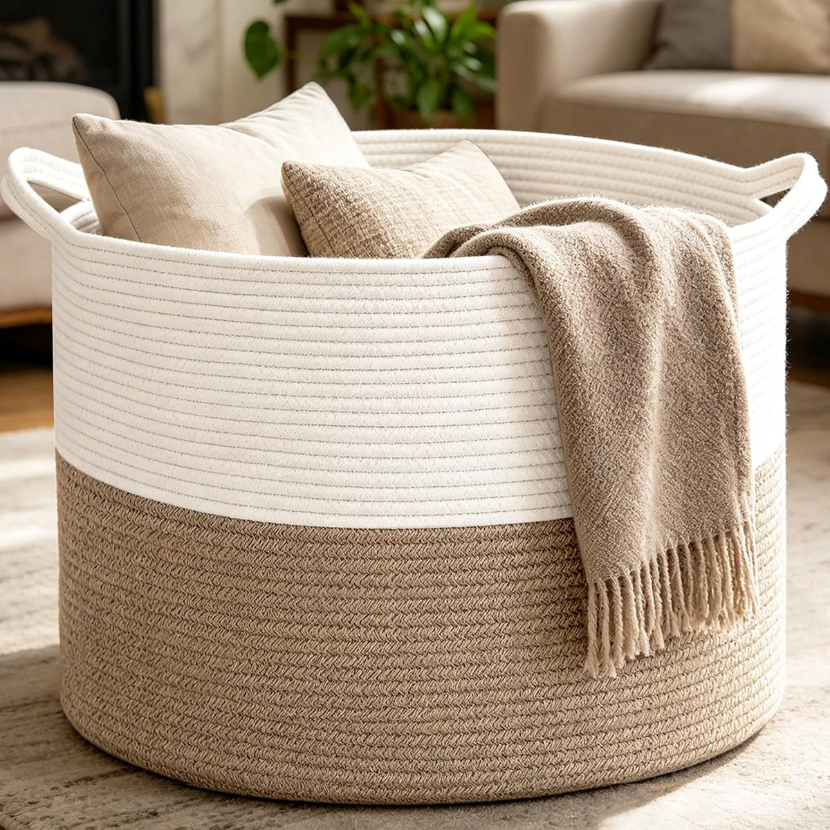 90L Large Blanket Basket,Rope Woven Laundry Basket-Yellow