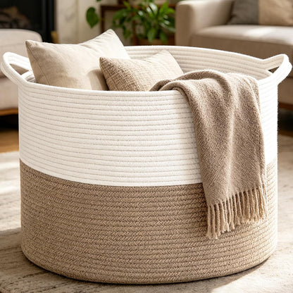 90L Large Blanket Basket,Rope Woven Laundry Basket-Yellow