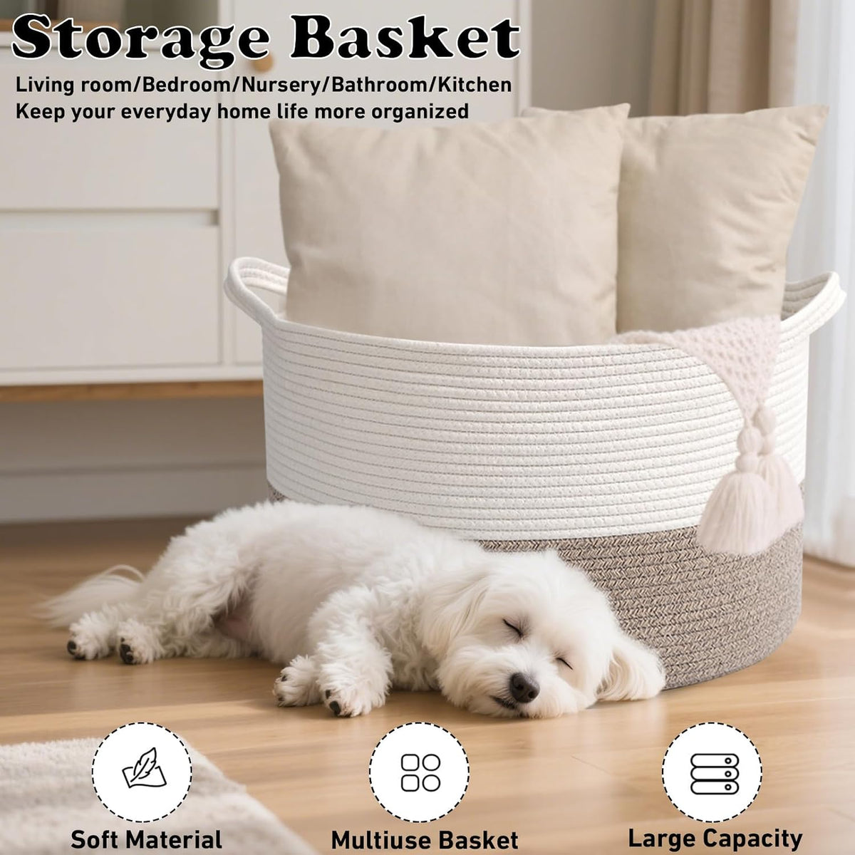 90L Large Blanket Basket,Rope Woven Laundry Basket-Yellow