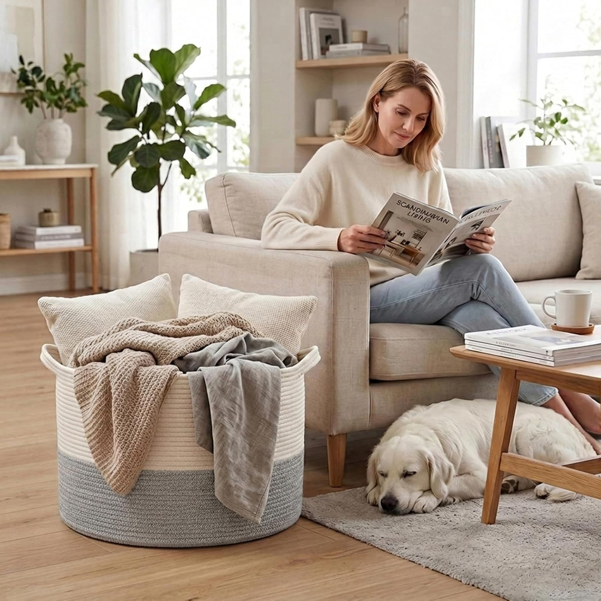 90L Large Blanket Basket,Rope Woven Laundry Basket-Yellow