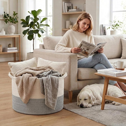 90L Large Blanket Basket,Rope Woven Laundry Basket-Yellow