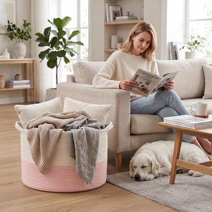 90L Large Blanket Basket,Rope Woven Laundry Basket-Yellow