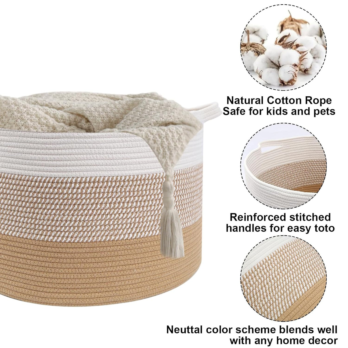 90L Large Blanket Basket,Rope Woven Laundry Basket-Yellow