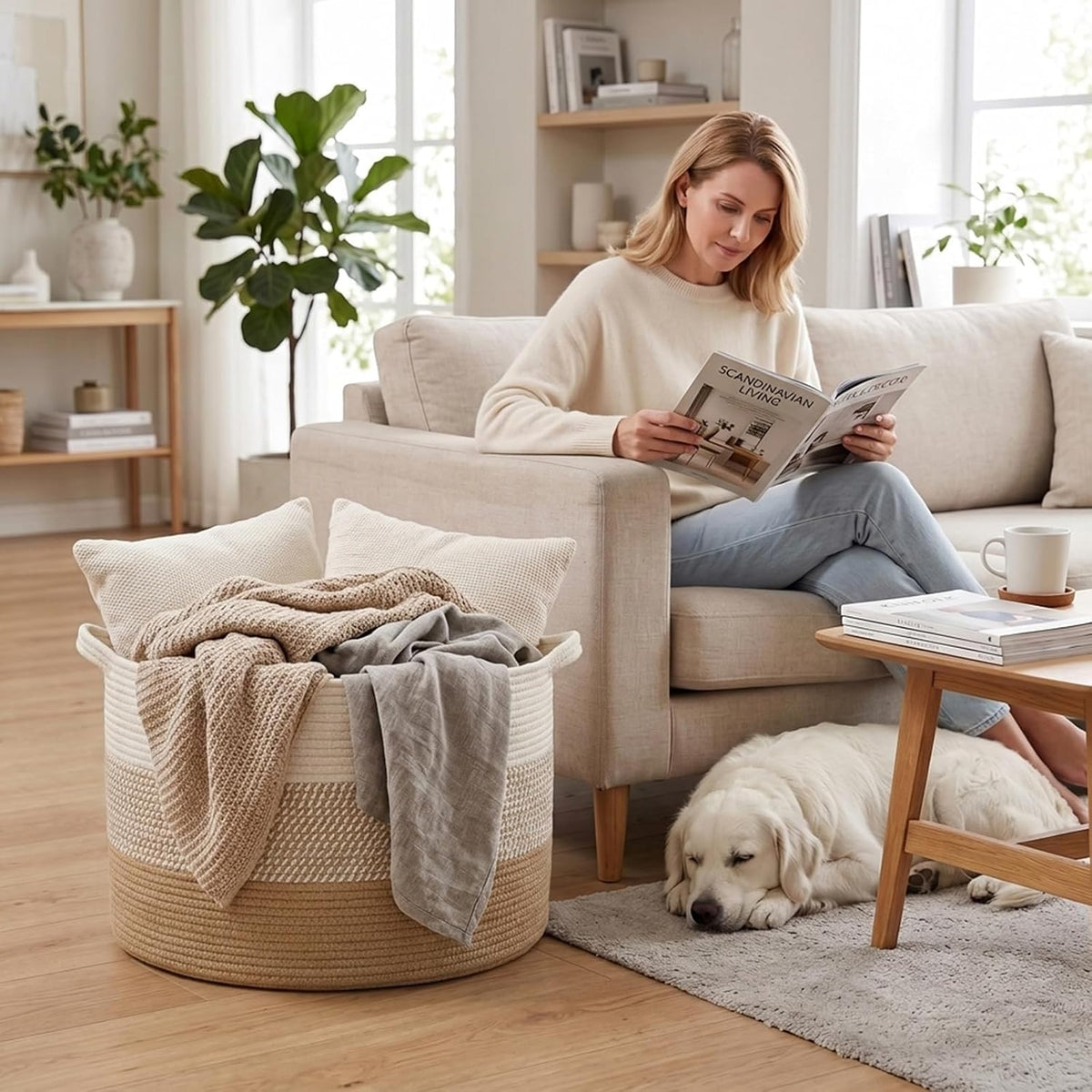 90L Large Blanket Basket,Rope Woven Laundry Basket-Yellow