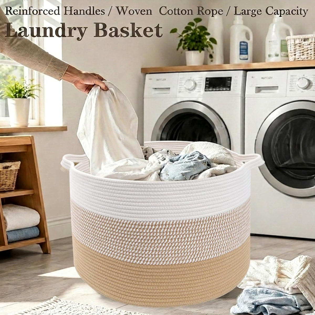 90L Large Blanket Basket,Rope Woven Laundry Basket-Yellow