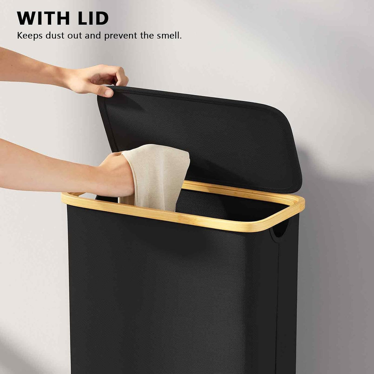 Double Laundry Hamper 2 Section with Lid and Removable Laundry Bags, 160L Clothes Basket with Bamboo Handles, Large Collapsible Hamper for Bedroom, Bathroom, Dorm, Laundry Room - White
