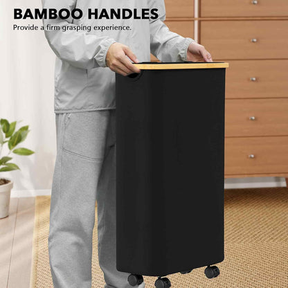 Double Laundry Hamper 2 Section with Lid and Removable Laundry Bags, 160L Clothes Basket with Bamboo Handles, Large Collapsible Hamper for Bedroom, Bathroom, Dorm, Laundry Room - White