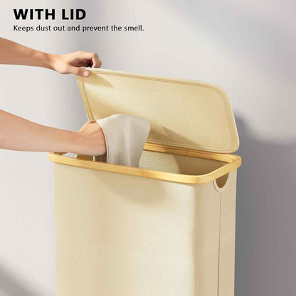 Double Laundry Hamper 2 Section with Lid and Removable Laundry Bags, 160L Clothes Basket with Bamboo Handles, Large Collapsible Hamper for Bedroom, Bathroom, Dorm, Laundry Room - White