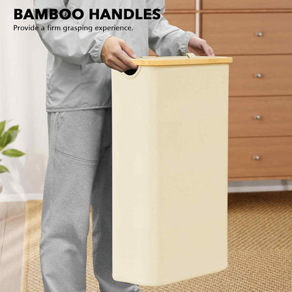Double Laundry Hamper 2 Section with Lid and Removable Laundry Bags, 160L Clothes Basket with Bamboo Handles, Large Collapsible Hamper for Bedroom, Bathroom, Dorm, Laundry Room - White