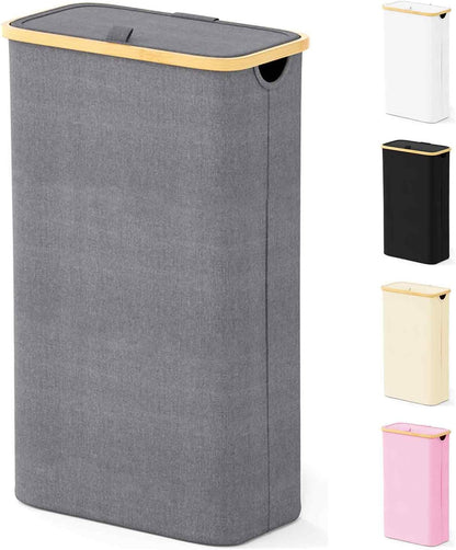 Double Laundry Hamper 2 Section with Lid and Removable Laundry Bags, 160L Clothes Basket with Bamboo Handles, Large Collapsible Hamper for Bedroom, Bathroom, Dorm, Laundry Room - White