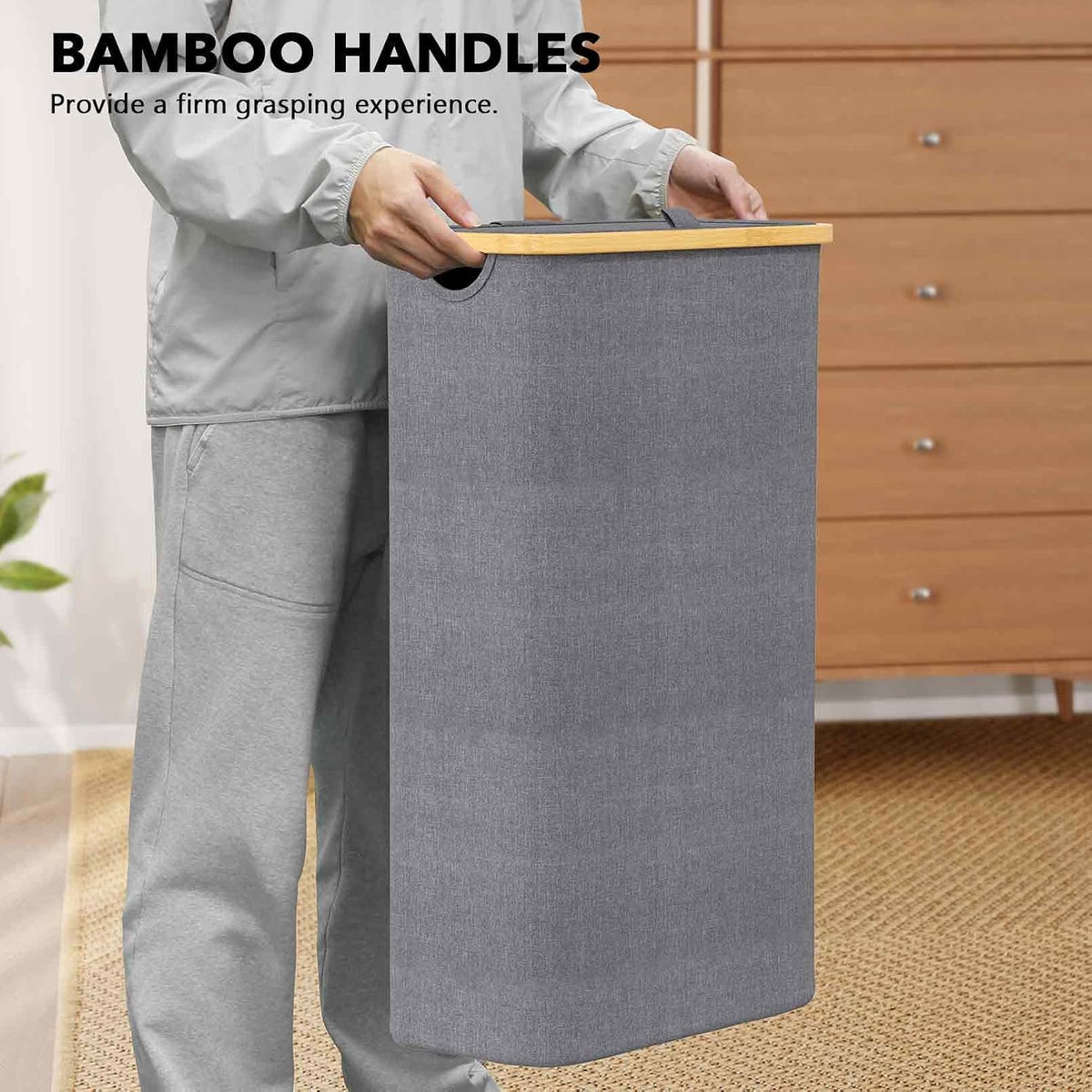 Double Laundry Hamper 2 Section with Lid and Removable Laundry Bags, 160L Clothes Basket with Bamboo Handles, Large Collapsible Hamper for Bedroom, Bathroom, Dorm, Laundry Room - White