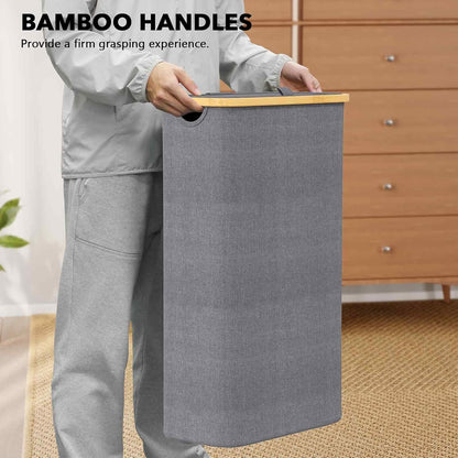 Double Laundry Hamper 2 Section with Lid and Removable Laundry Bags, 160L Clothes Basket with Bamboo Handles, Large Collapsible Hamper for Bedroom, Bathroom, Dorm, Laundry Room - White