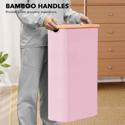 Double Laundry Hamper 2 Section with Lid and Removable Laundry Bags, 160L Clothes Basket with Bamboo Handles, Large Collapsible Hamper for Bedroom, Bathroom, Dorm, Laundry Room - White